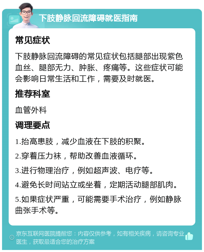 下肢静脉回流障碍就医指南 常见症状 下肢静脉回流障碍的常见症状包括腿部出现紫色血丝、腿部无力、肿胀、疼痛等。这些症状可能会影响日常生活和工作，需要及时就医。 推荐科室 血管外科 调理要点 1.抬高患肢，减少血液在下肢的积聚。 2.穿着压力袜，帮助改善血液循环。 3.进行物理治疗，例如超声波、电疗等。 4.避免长时间站立或坐着，定期活动腿部肌肉。 5.如果症状严重，可能需要手术治疗，例如静脉曲张手术等。