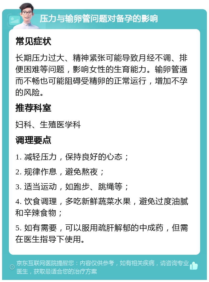 压力与输卵管问题对备孕的影响 常见症状 长期压力过大、精神紧张可能导致月经不调、排便困难等问题，影响女性的生育能力。输卵管通而不畅也可能阻碍受精卵的正常运行，增加不孕的风险。 推荐科室 妇科、生殖医学科 调理要点 1. 减轻压力，保持良好的心态； 2. 规律作息，避免熬夜； 3. 适当运动，如跑步、跳绳等； 4. 饮食调理，多吃新鲜蔬菜水果，避免过度油腻和辛辣食物； 5. 如有需要，可以服用疏肝解郁的中成药，但需在医生指导下使用。