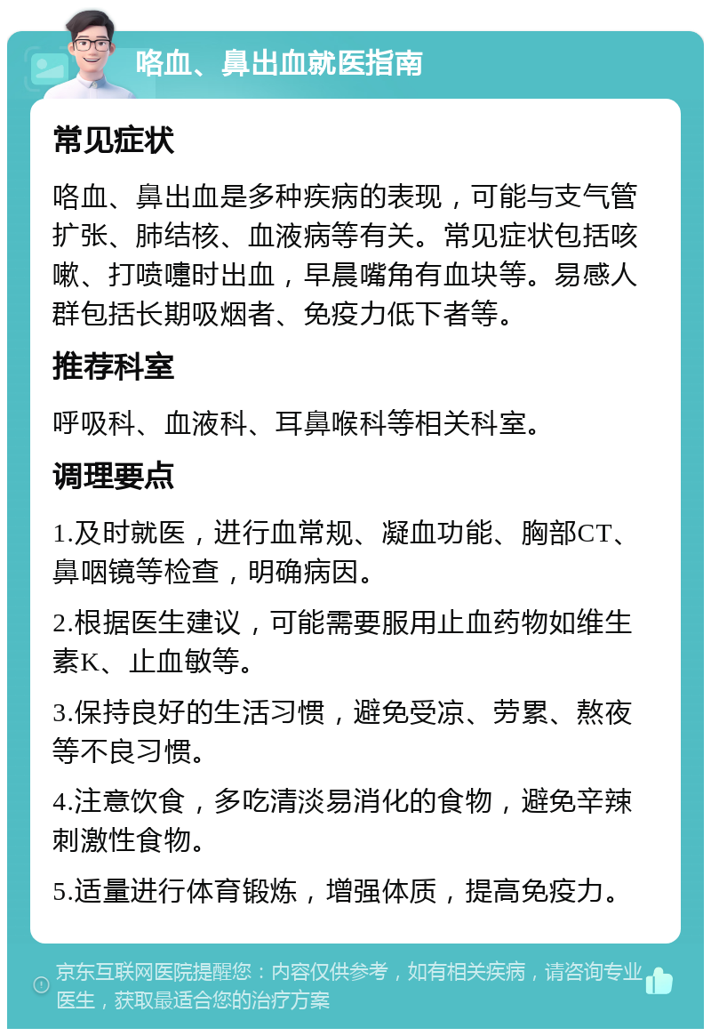 咯血、鼻出血就医指南 常见症状 咯血、鼻出血是多种疾病的表现，可能与支气管扩张、肺结核、血液病等有关。常见症状包括咳嗽、打喷嚏时出血，早晨嘴角有血块等。易感人群包括长期吸烟者、免疫力低下者等。 推荐科室 呼吸科、血液科、耳鼻喉科等相关科室。 调理要点 1.及时就医，进行血常规、凝血功能、胸部CT、鼻咽镜等检查，明确病因。 2.根据医生建议，可能需要服用止血药物如维生素K、止血敏等。 3.保持良好的生活习惯，避免受凉、劳累、熬夜等不良习惯。 4.注意饮食，多吃清淡易消化的食物，避免辛辣刺激性食物。 5.适量进行体育锻炼，增强体质，提高免疫力。