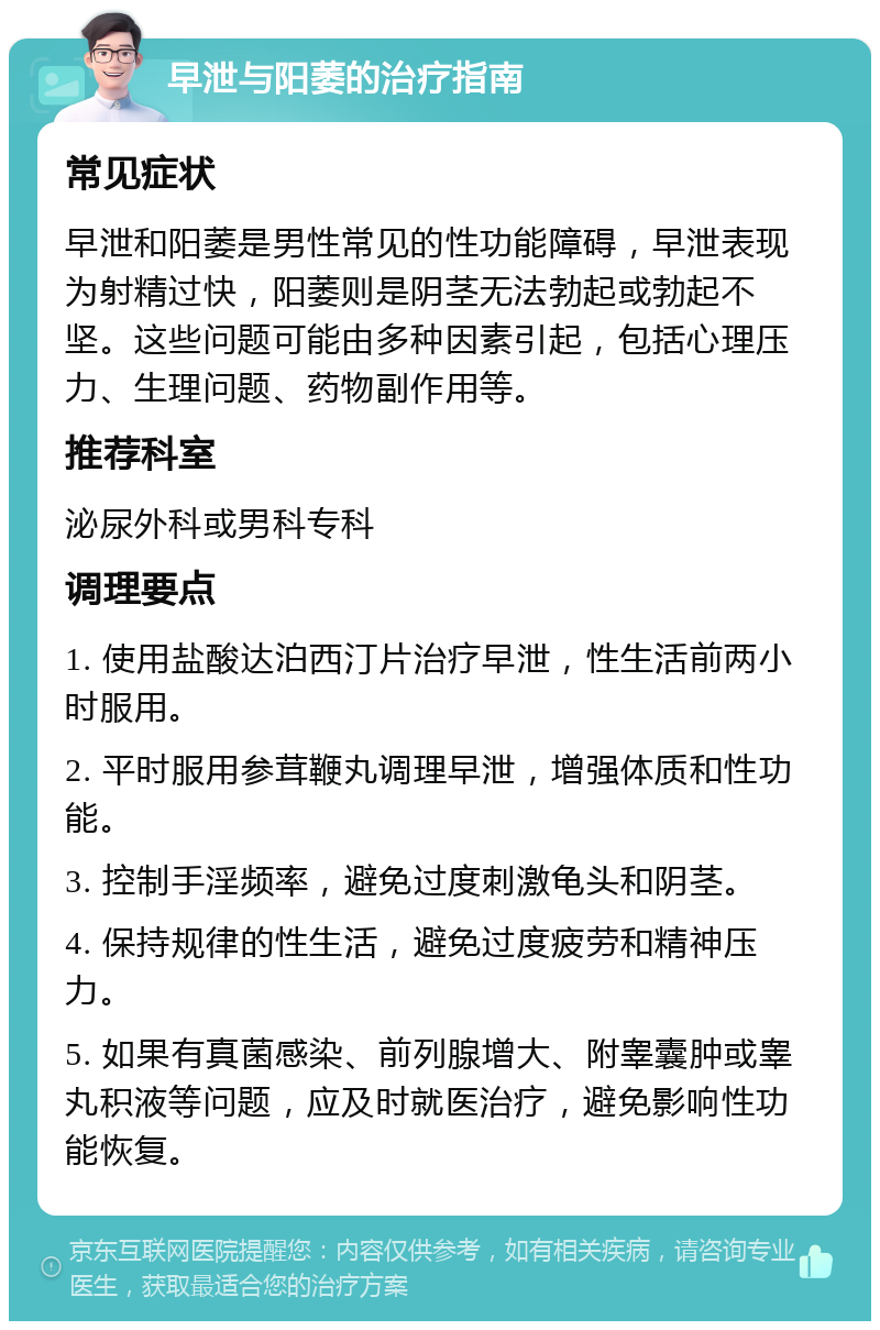 早泄与阳萎的治疗指南 常见症状 早泄和阳萎是男性常见的性功能障碍，早泄表现为射精过快，阳萎则是阴茎无法勃起或勃起不坚。这些问题可能由多种因素引起，包括心理压力、生理问题、药物副作用等。 推荐科室 泌尿外科或男科专科 调理要点 1. 使用盐酸达泊西汀片治疗早泄，性生活前两小时服用。 2. 平时服用参茸鞭丸调理早泄，增强体质和性功能。 3. 控制手淫频率，避免过度刺激龟头和阴茎。 4. 保持规律的性生活，避免过度疲劳和精神压力。 5. 如果有真菌感染、前列腺增大、附睾囊肿或睾丸积液等问题，应及时就医治疗，避免影响性功能恢复。