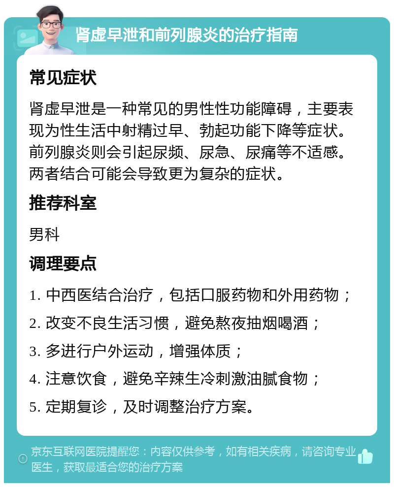 肾虚早泄和前列腺炎的治疗指南 常见症状 肾虚早泄是一种常见的男性性功能障碍，主要表现为性生活中射精过早、勃起功能下降等症状。前列腺炎则会引起尿频、尿急、尿痛等不适感。两者结合可能会导致更为复杂的症状。 推荐科室 男科 调理要点 1. 中西医结合治疗，包括口服药物和外用药物； 2. 改变不良生活习惯，避免熬夜抽烟喝酒； 3. 多进行户外运动，增强体质； 4. 注意饮食，避免辛辣生冷刺激油腻食物； 5. 定期复诊，及时调整治疗方案。