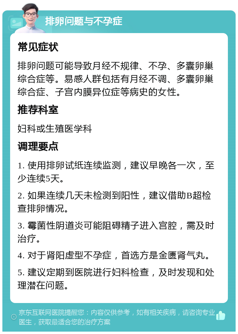 排卵问题与不孕症 常见症状 排卵问题可能导致月经不规律、不孕、多囊卵巢综合症等。易感人群包括有月经不调、多囊卵巢综合症、子宫内膜异位症等病史的女性。 推荐科室 妇科或生殖医学科 调理要点 1. 使用排卵试纸连续监测，建议早晚各一次，至少连续5天。 2. 如果连续几天未检测到阳性，建议借助B超检查排卵情况。 3. 霉菌性阴道炎可能阻碍精子进入宫腔，需及时治疗。 4. 对于肾阳虚型不孕症，首选方是金匮肾气丸。 5. 建议定期到医院进行妇科检查，及时发现和处理潜在问题。