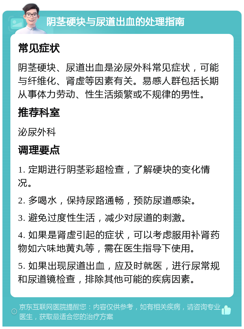 阴茎硬块与尿道出血的处理指南 常见症状 阴茎硬块、尿道出血是泌尿外科常见症状，可能与纤维化、肾虚等因素有关。易感人群包括长期从事体力劳动、性生活频繁或不规律的男性。 推荐科室 泌尿外科 调理要点 1. 定期进行阴茎彩超检查，了解硬块的变化情况。 2. 多喝水，保持尿路通畅，预防尿道感染。 3. 避免过度性生活，减少对尿道的刺激。 4. 如果是肾虚引起的症状，可以考虑服用补肾药物如六味地黄丸等，需在医生指导下使用。 5. 如果出现尿道出血，应及时就医，进行尿常规和尿道镜检查，排除其他可能的疾病因素。