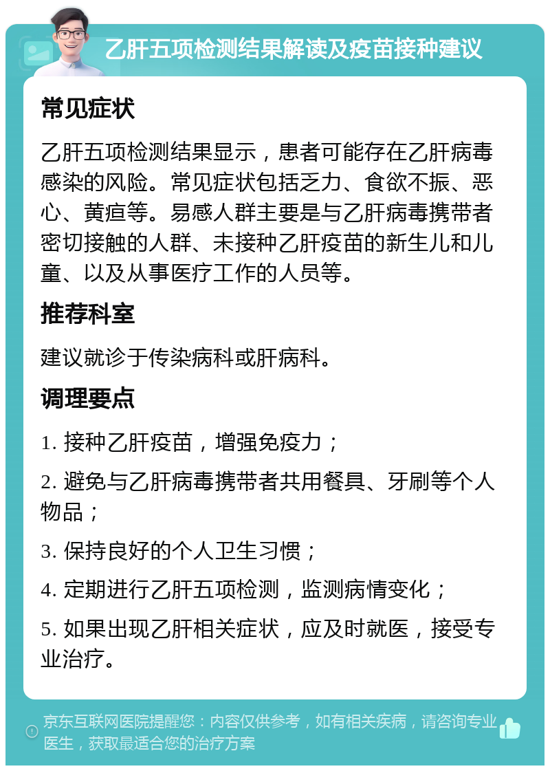 乙肝五项检测结果解读及疫苗接种建议 常见症状 乙肝五项检测结果显示，患者可能存在乙肝病毒感染的风险。常见症状包括乏力、食欲不振、恶心、黄疸等。易感人群主要是与乙肝病毒携带者密切接触的人群、未接种乙肝疫苗的新生儿和儿童、以及从事医疗工作的人员等。 推荐科室 建议就诊于传染病科或肝病科。 调理要点 1. 接种乙肝疫苗，增强免疫力； 2. 避免与乙肝病毒携带者共用餐具、牙刷等个人物品； 3. 保持良好的个人卫生习惯； 4. 定期进行乙肝五项检测，监测病情变化； 5. 如果出现乙肝相关症状，应及时就医，接受专业治疗。