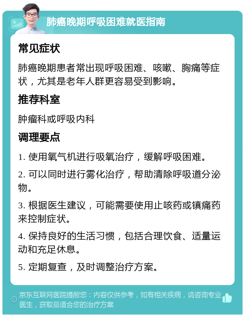 肺癌晚期呼吸困难就医指南 常见症状 肺癌晚期患者常出现呼吸困难、咳嗽、胸痛等症状，尤其是老年人群更容易受到影响。 推荐科室 肿瘤科或呼吸内科 调理要点 1. 使用氧气机进行吸氧治疗，缓解呼吸困难。 2. 可以同时进行雾化治疗，帮助清除呼吸道分泌物。 3. 根据医生建议，可能需要使用止咳药或镇痛药来控制症状。 4. 保持良好的生活习惯，包括合理饮食、适量运动和充足休息。 5. 定期复查，及时调整治疗方案。