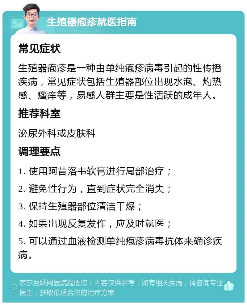 生殖器疱疹就医指南 常见症状 生殖器疱疹是一种由单纯疱疹病毒引起的性传播疾病，常见症状包括生殖器部位出现水泡、灼热感、瘙痒等，易感人群主要是性活跃的成年人。 推荐科室 泌尿外科或皮肤科 调理要点 1. 使用阿昔洛韦软膏进行局部治疗； 2. 避免性行为，直到症状完全消失； 3. 保持生殖器部位清洁干燥； 4. 如果出现反复发作，应及时就医； 5. 可以通过血液检测单纯疱疹病毒抗体来确诊疾病。