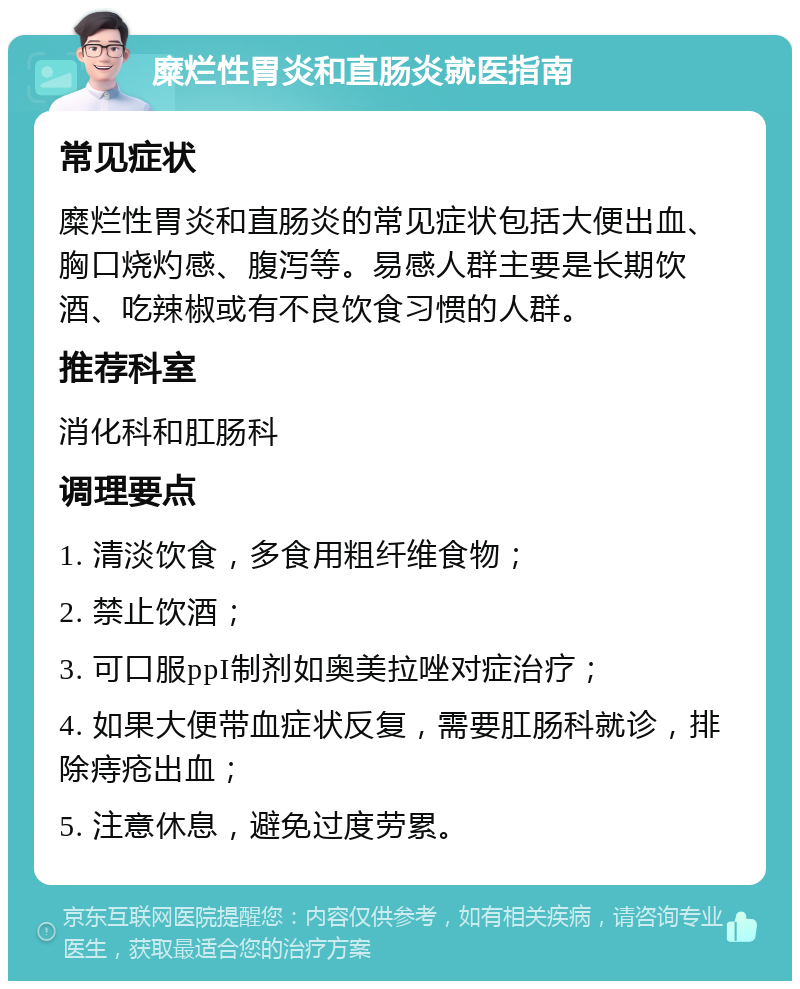 糜烂性胃炎和直肠炎就医指南 常见症状 糜烂性胃炎和直肠炎的常见症状包括大便出血、胸口烧灼感、腹泻等。易感人群主要是长期饮酒、吃辣椒或有不良饮食习惯的人群。 推荐科室 消化科和肛肠科 调理要点 1. 清淡饮食，多食用粗纤维食物； 2. 禁止饮酒； 3. 可口服ppI制剂如奥美拉唑对症治疗； 4. 如果大便带血症状反复，需要肛肠科就诊，排除痔疮出血； 5. 注意休息，避免过度劳累。