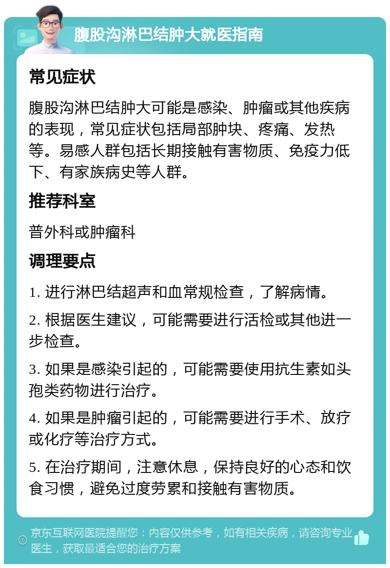 腹股沟淋巴结肿大就医指南 常见症状 腹股沟淋巴结肿大可能是感染、肿瘤或其他疾病的表现，常见症状包括局部肿块、疼痛、发热等。易感人群包括长期接触有害物质、免疫力低下、有家族病史等人群。 推荐科室 普外科或肿瘤科 调理要点 1. 进行淋巴结超声和血常规检查，了解病情。 2. 根据医生建议，可能需要进行活检或其他进一步检查。 3. 如果是感染引起的，可能需要使用抗生素如头孢类药物进行治疗。 4. 如果是肿瘤引起的，可能需要进行手术、放疗或化疗等治疗方式。 5. 在治疗期间，注意休息，保持良好的心态和饮食习惯，避免过度劳累和接触有害物质。