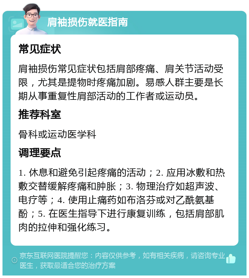 肩袖损伤就医指南 常见症状 肩袖损伤常见症状包括肩部疼痛、肩关节活动受限，尤其是提物时疼痛加剧。易感人群主要是长期从事重复性肩部活动的工作者或运动员。 推荐科室 骨科或运动医学科 调理要点 1. 休息和避免引起疼痛的活动；2. 应用冰敷和热敷交替缓解疼痛和肿胀；3. 物理治疗如超声波、电疗等；4. 使用止痛药如布洛芬或对乙酰氨基酚；5. 在医生指导下进行康复训练，包括肩部肌肉的拉伸和强化练习。