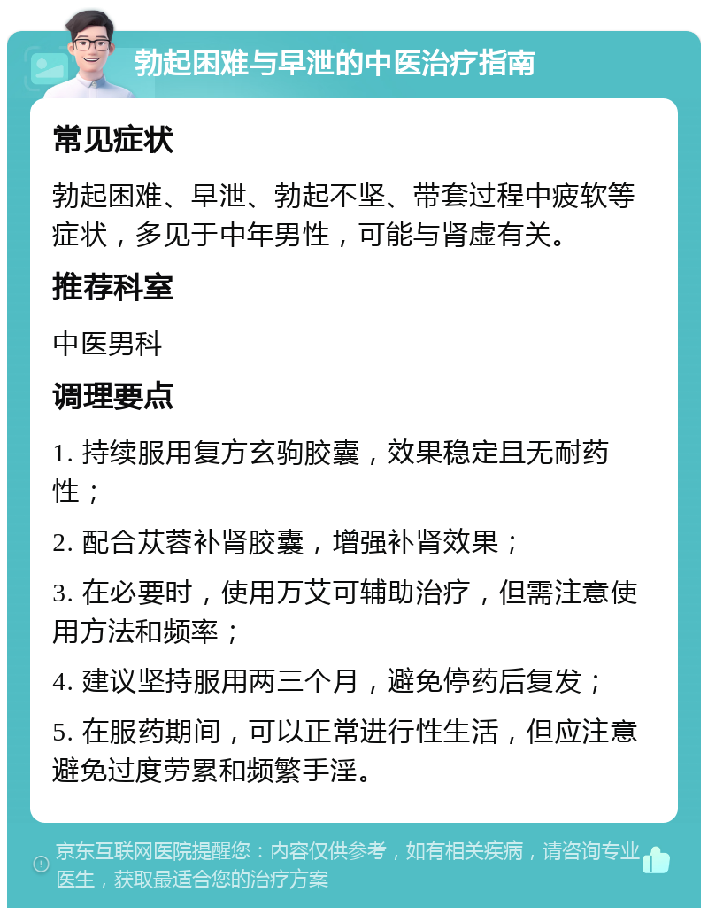 勃起困难与早泄的中医治疗指南 常见症状 勃起困难、早泄、勃起不坚、带套过程中疲软等症状，多见于中年男性，可能与肾虚有关。 推荐科室 中医男科 调理要点 1. 持续服用复方玄驹胶囊，效果稳定且无耐药性； 2. 配合苁蓉补肾胶囊，增强补肾效果； 3. 在必要时，使用万艾可辅助治疗，但需注意使用方法和频率； 4. 建议坚持服用两三个月，避免停药后复发； 5. 在服药期间，可以正常进行性生活，但应注意避免过度劳累和频繁手淫。