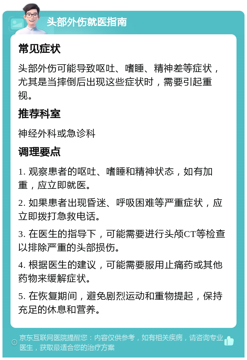 头部外伤就医指南 常见症状 头部外伤可能导致呕吐、嗜睡、精神差等症状，尤其是当摔倒后出现这些症状时，需要引起重视。 推荐科室 神经外科或急诊科 调理要点 1. 观察患者的呕吐、嗜睡和精神状态，如有加重，应立即就医。 2. 如果患者出现昏迷、呼吸困难等严重症状，应立即拨打急救电话。 3. 在医生的指导下，可能需要进行头颅CT等检查以排除严重的头部损伤。 4. 根据医生的建议，可能需要服用止痛药或其他药物来缓解症状。 5. 在恢复期间，避免剧烈运动和重物提起，保持充足的休息和营养。