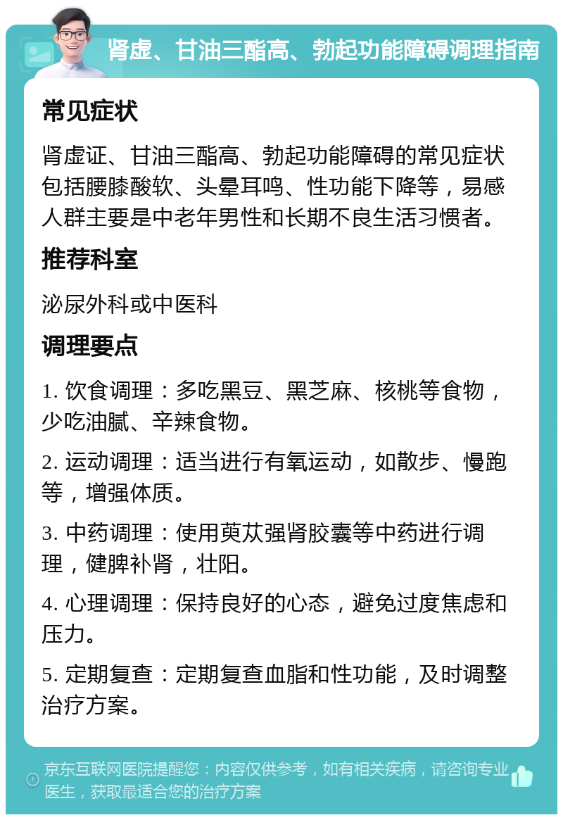 肾虚、甘油三酯高、勃起功能障碍调理指南 常见症状 肾虚证、甘油三酯高、勃起功能障碍的常见症状包括腰膝酸软、头晕耳鸣、性功能下降等，易感人群主要是中老年男性和长期不良生活习惯者。 推荐科室 泌尿外科或中医科 调理要点 1. 饮食调理：多吃黑豆、黑芝麻、核桃等食物，少吃油腻、辛辣食物。 2. 运动调理：适当进行有氧运动，如散步、慢跑等，增强体质。 3. 中药调理：使用萸苁强肾胶囊等中药进行调理，健脾补肾，壮阳。 4. 心理调理：保持良好的心态，避免过度焦虑和压力。 5. 定期复查：定期复查血脂和性功能，及时调整治疗方案。