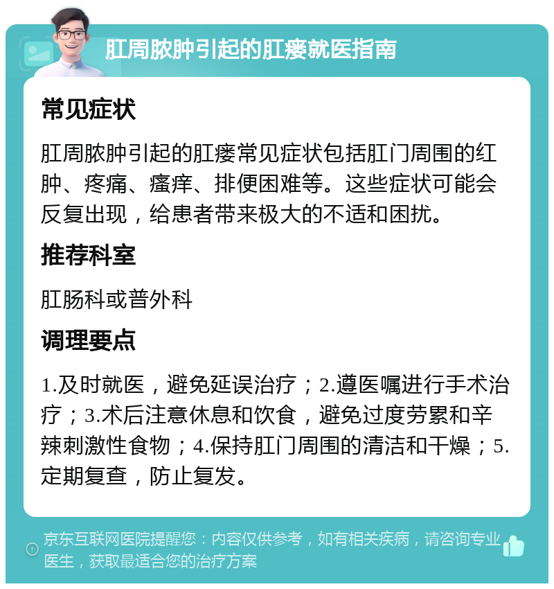 肛周脓肿引起的肛瘘就医指南 常见症状 肛周脓肿引起的肛瘘常见症状包括肛门周围的红肿、疼痛、瘙痒、排便困难等。这些症状可能会反复出现，给患者带来极大的不适和困扰。 推荐科室 肛肠科或普外科 调理要点 1.及时就医，避免延误治疗；2.遵医嘱进行手术治疗；3.术后注意休息和饮食，避免过度劳累和辛辣刺激性食物；4.保持肛门周围的清洁和干燥；5.定期复查，防止复发。