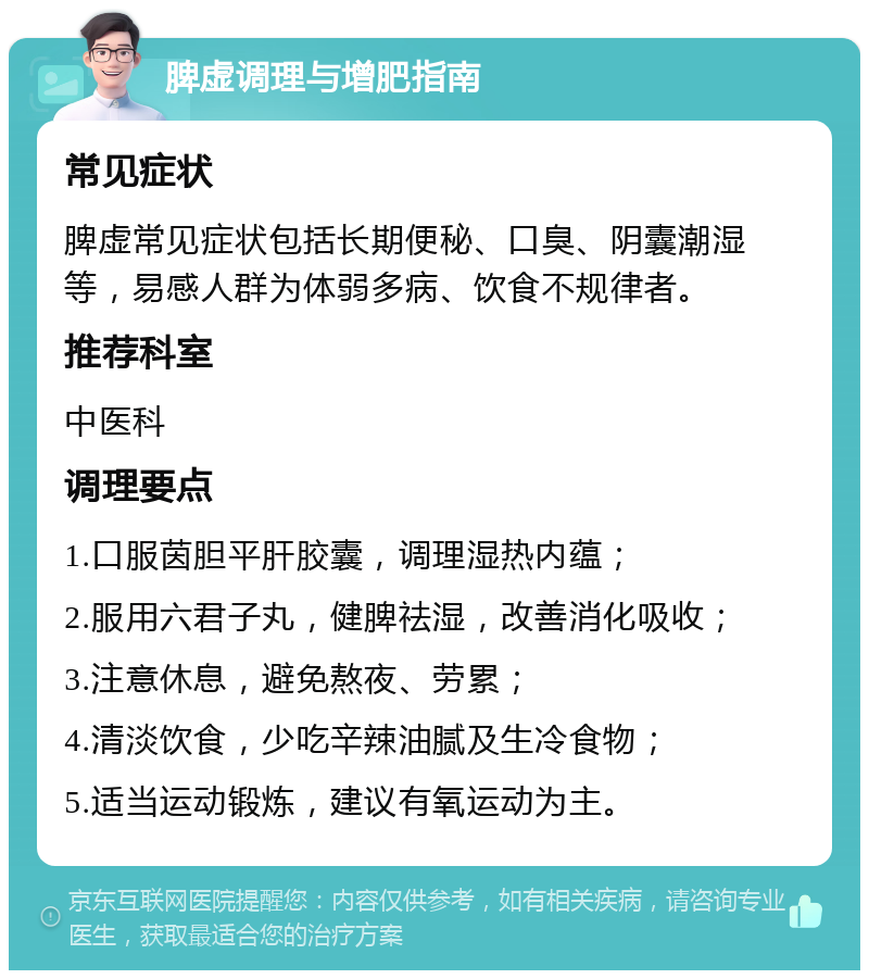 脾虚调理与增肥指南 常见症状 脾虚常见症状包括长期便秘、口臭、阴囊潮湿等，易感人群为体弱多病、饮食不规律者。 推荐科室 中医科 调理要点 1.口服茵胆平肝胶囊，调理湿热内蕴； 2.服用六君子丸，健脾祛湿，改善消化吸收； 3.注意休息，避免熬夜、劳累； 4.清淡饮食，少吃辛辣油腻及生冷食物； 5.适当运动锻炼，建议有氧运动为主。