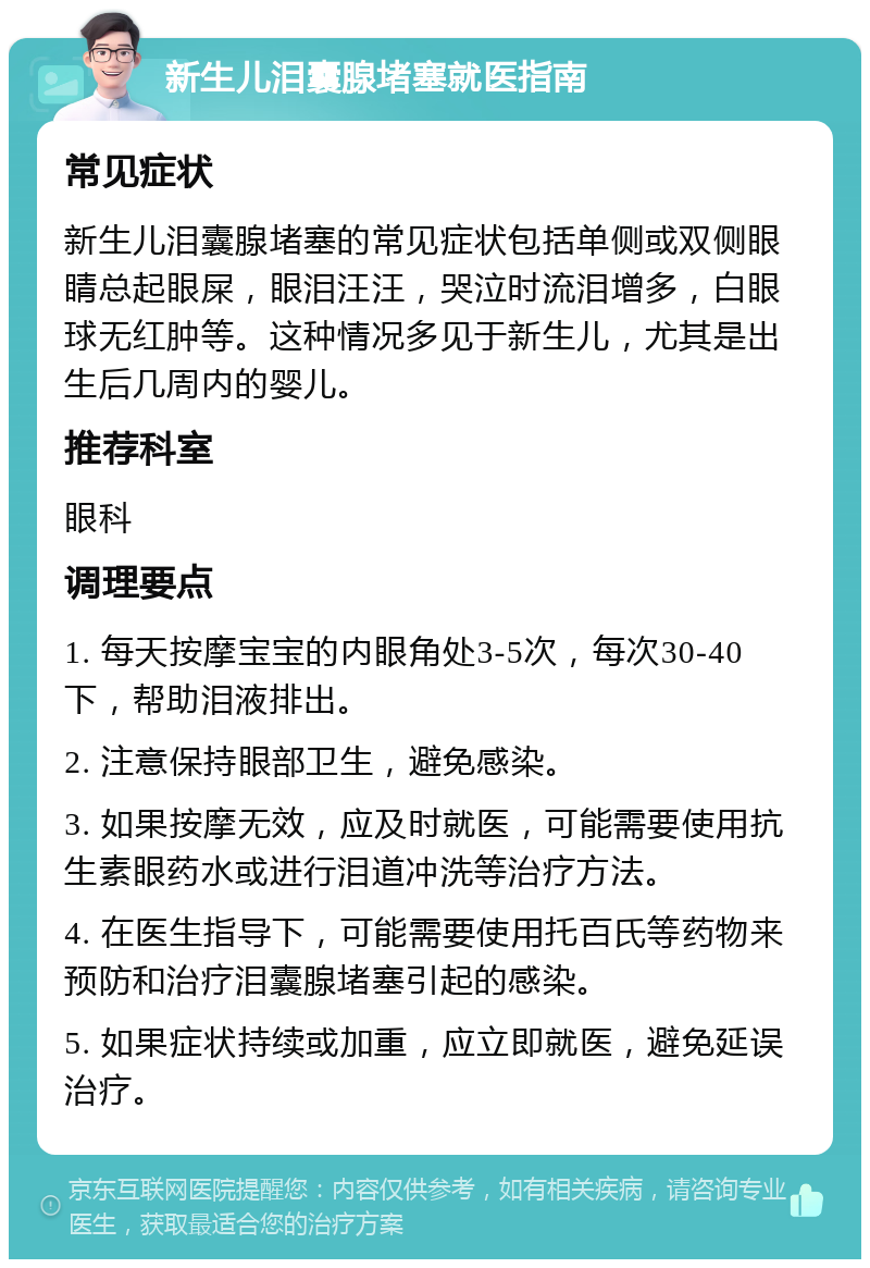 新生儿泪囊腺堵塞就医指南 常见症状 新生儿泪囊腺堵塞的常见症状包括单侧或双侧眼睛总起眼屎，眼泪汪汪，哭泣时流泪增多，白眼球无红肿等。这种情况多见于新生儿，尤其是出生后几周内的婴儿。 推荐科室 眼科 调理要点 1. 每天按摩宝宝的内眼角处3-5次，每次30-40下，帮助泪液排出。 2. 注意保持眼部卫生，避免感染。 3. 如果按摩无效，应及时就医，可能需要使用抗生素眼药水或进行泪道冲洗等治疗方法。 4. 在医生指导下，可能需要使用托百氏等药物来预防和治疗泪囊腺堵塞引起的感染。 5. 如果症状持续或加重，应立即就医，避免延误治疗。