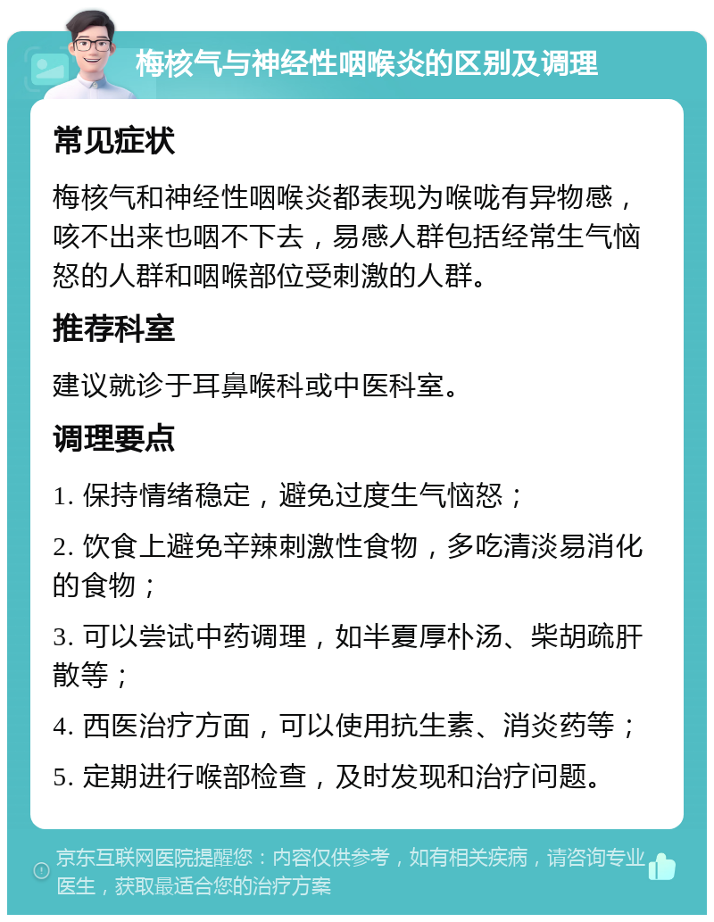 梅核气与神经性咽喉炎的区别及调理 常见症状 梅核气和神经性咽喉炎都表现为喉咙有异物感，咳不出来也咽不下去，易感人群包括经常生气恼怒的人群和咽喉部位受刺激的人群。 推荐科室 建议就诊于耳鼻喉科或中医科室。 调理要点 1. 保持情绪稳定，避免过度生气恼怒； 2. 饮食上避免辛辣刺激性食物，多吃清淡易消化的食物； 3. 可以尝试中药调理，如半夏厚朴汤、柴胡疏肝散等； 4. 西医治疗方面，可以使用抗生素、消炎药等； 5. 定期进行喉部检查，及时发现和治疗问题。