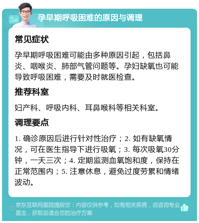 孕早期呼吸困难的原因与调理 常见症状 孕早期呼吸困难可能由多种原因引起，包括鼻炎、咽喉炎、肺部气管问题等。孕妇缺氧也可能导致呼吸困难，需要及时就医检查。 推荐科室 妇产科、呼吸内科、耳鼻喉科等相关科室。 调理要点 1. 确诊原因后进行针对性治疗；2. 如有缺氧情况，可在医生指导下进行吸氧；3. 每次吸氧30分钟，一天三次；4. 定期监测血氧饱和度，保持在正常范围内；5. 注意休息，避免过度劳累和情绪波动。