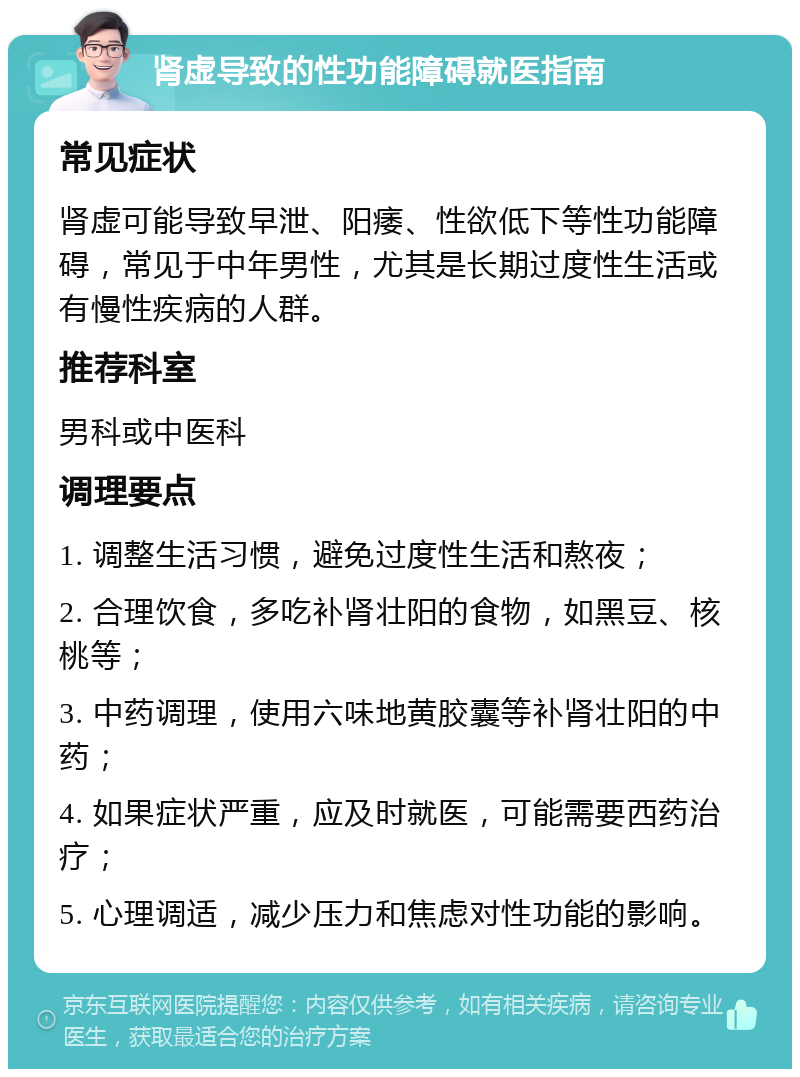 肾虚导致的性功能障碍就医指南 常见症状 肾虚可能导致早泄、阳痿、性欲低下等性功能障碍，常见于中年男性，尤其是长期过度性生活或有慢性疾病的人群。 推荐科室 男科或中医科 调理要点 1. 调整生活习惯，避免过度性生活和熬夜； 2. 合理饮食，多吃补肾壮阳的食物，如黑豆、核桃等； 3. 中药调理，使用六味地黄胶囊等补肾壮阳的中药； 4. 如果症状严重，应及时就医，可能需要西药治疗； 5. 心理调适，减少压力和焦虑对性功能的影响。