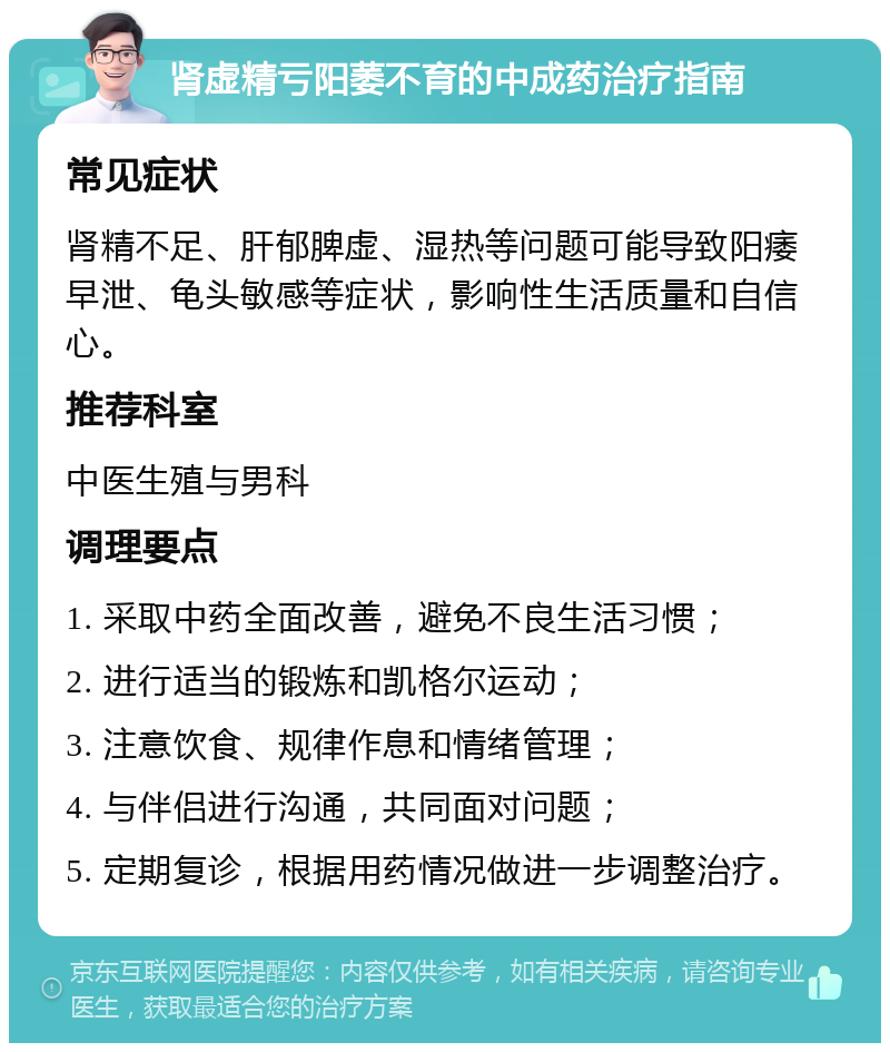 肾虚精亏阳萎不育的中成药治疗指南 常见症状 肾精不足、肝郁脾虚、湿热等问题可能导致阳痿早泄、龟头敏感等症状，影响性生活质量和自信心。 推荐科室 中医生殖与男科 调理要点 1. 采取中药全面改善，避免不良生活习惯； 2. 进行适当的锻炼和凯格尔运动； 3. 注意饮食、规律作息和情绪管理； 4. 与伴侣进行沟通，共同面对问题； 5. 定期复诊，根据用药情况做进一步调整治疗。