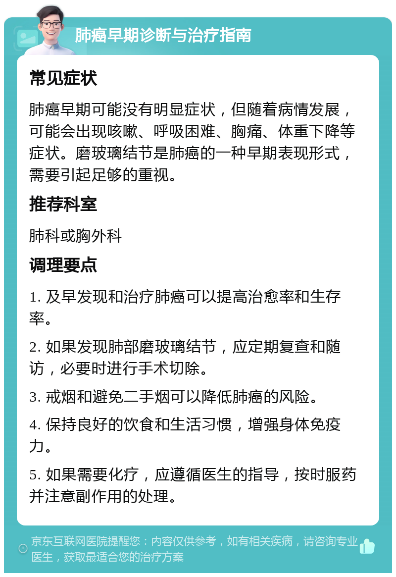 肺癌早期诊断与治疗指南 常见症状 肺癌早期可能没有明显症状，但随着病情发展，可能会出现咳嗽、呼吸困难、胸痛、体重下降等症状。磨玻璃结节是肺癌的一种早期表现形式，需要引起足够的重视。 推荐科室 肺科或胸外科 调理要点 1. 及早发现和治疗肺癌可以提高治愈率和生存率。 2. 如果发现肺部磨玻璃结节，应定期复查和随访，必要时进行手术切除。 3. 戒烟和避免二手烟可以降低肺癌的风险。 4. 保持良好的饮食和生活习惯，增强身体免疫力。 5. 如果需要化疗，应遵循医生的指导，按时服药并注意副作用的处理。