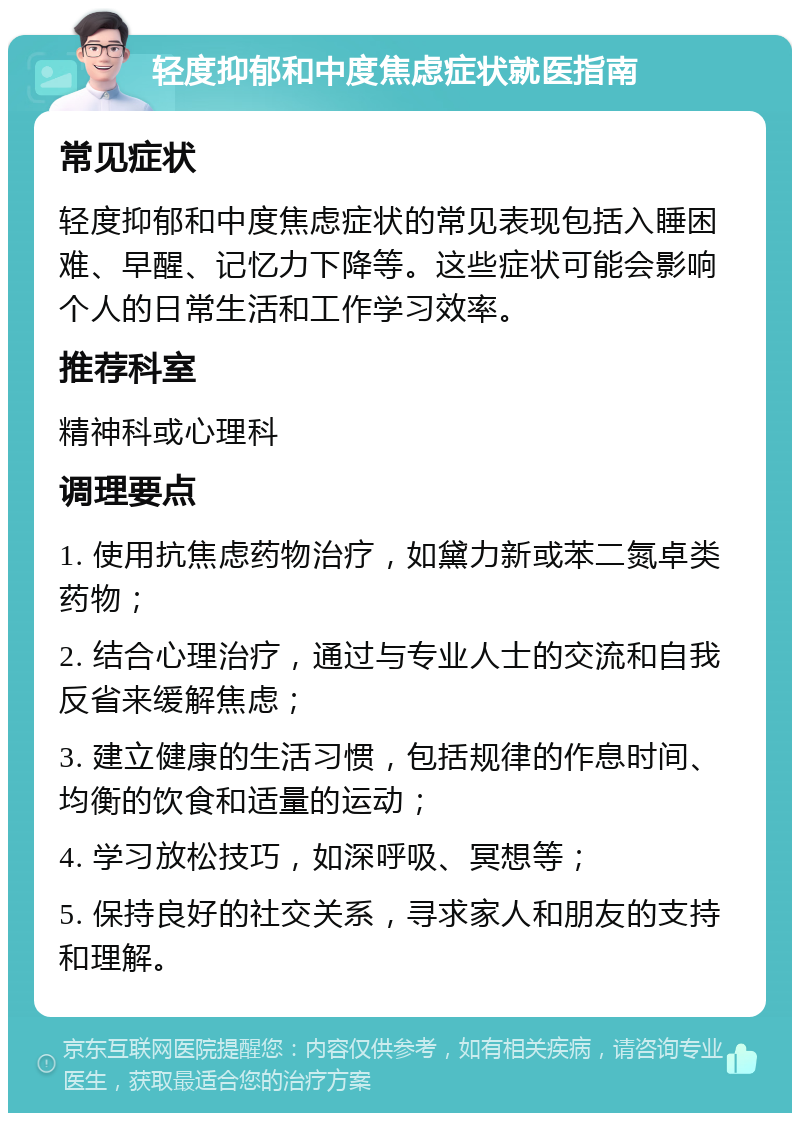 轻度抑郁和中度焦虑症状就医指南 常见症状 轻度抑郁和中度焦虑症状的常见表现包括入睡困难、早醒、记忆力下降等。这些症状可能会影响个人的日常生活和工作学习效率。 推荐科室 精神科或心理科 调理要点 1. 使用抗焦虑药物治疗，如黛力新或苯二氮卓类药物； 2. 结合心理治疗，通过与专业人士的交流和自我反省来缓解焦虑； 3. 建立健康的生活习惯，包括规律的作息时间、均衡的饮食和适量的运动； 4. 学习放松技巧，如深呼吸、冥想等； 5. 保持良好的社交关系，寻求家人和朋友的支持和理解。