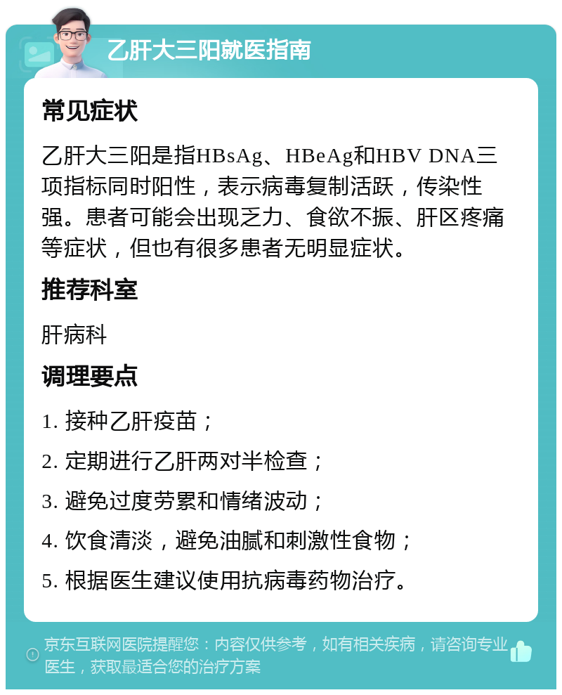 乙肝大三阳就医指南 常见症状 乙肝大三阳是指HBsAg、HBeAg和HBV DNA三项指标同时阳性，表示病毒复制活跃，传染性强。患者可能会出现乏力、食欲不振、肝区疼痛等症状，但也有很多患者无明显症状。 推荐科室 肝病科 调理要点 1. 接种乙肝疫苗； 2. 定期进行乙肝两对半检查； 3. 避免过度劳累和情绪波动； 4. 饮食清淡，避免油腻和刺激性食物； 5. 根据医生建议使用抗病毒药物治疗。