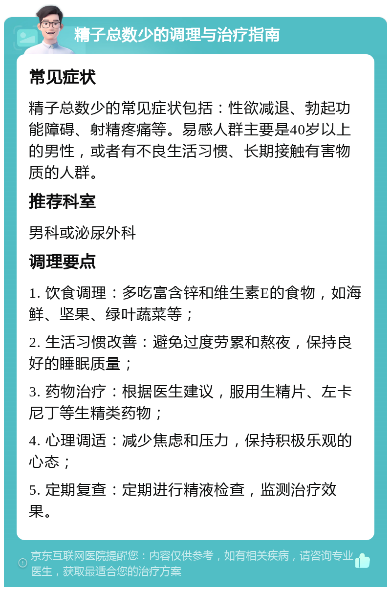 精子总数少的调理与治疗指南 常见症状 精子总数少的常见症状包括：性欲减退、勃起功能障碍、射精疼痛等。易感人群主要是40岁以上的男性，或者有不良生活习惯、长期接触有害物质的人群。 推荐科室 男科或泌尿外科 调理要点 1. 饮食调理：多吃富含锌和维生素E的食物，如海鲜、坚果、绿叶蔬菜等； 2. 生活习惯改善：避免过度劳累和熬夜，保持良好的睡眠质量； 3. 药物治疗：根据医生建议，服用生精片、左卡尼丁等生精类药物； 4. 心理调适：减少焦虑和压力，保持积极乐观的心态； 5. 定期复查：定期进行精液检查，监测治疗效果。