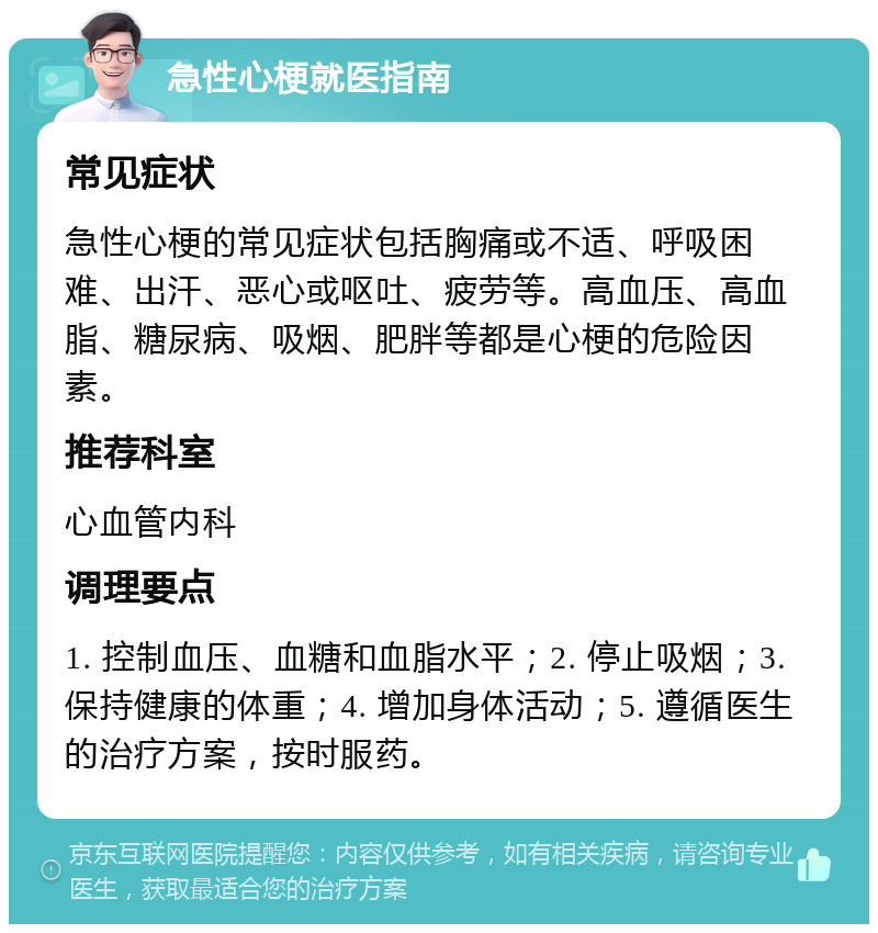 急性心梗就医指南 常见症状 急性心梗的常见症状包括胸痛或不适、呼吸困难、出汗、恶心或呕吐、疲劳等。高血压、高血脂、糖尿病、吸烟、肥胖等都是心梗的危险因素。 推荐科室 心血管内科 调理要点 1. 控制血压、血糖和血脂水平；2. 停止吸烟；3. 保持健康的体重；4. 增加身体活动；5. 遵循医生的治疗方案，按时服药。