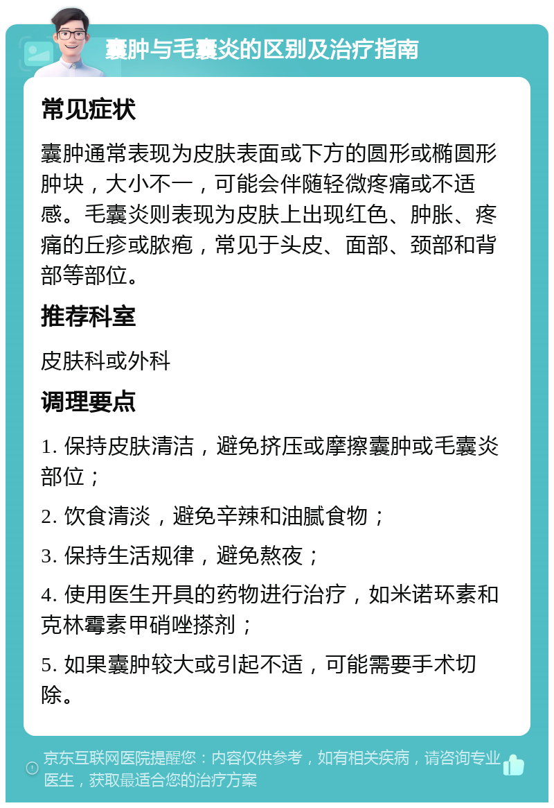 囊肿与毛囊炎的区别及治疗指南 常见症状 囊肿通常表现为皮肤表面或下方的圆形或椭圆形肿块，大小不一，可能会伴随轻微疼痛或不适感。毛囊炎则表现为皮肤上出现红色、肿胀、疼痛的丘疹或脓疱，常见于头皮、面部、颈部和背部等部位。 推荐科室 皮肤科或外科 调理要点 1. 保持皮肤清洁，避免挤压或摩擦囊肿或毛囊炎部位； 2. 饮食清淡，避免辛辣和油腻食物； 3. 保持生活规律，避免熬夜； 4. 使用医生开具的药物进行治疗，如米诺环素和克林霉素甲硝唑搽剂； 5. 如果囊肿较大或引起不适，可能需要手术切除。