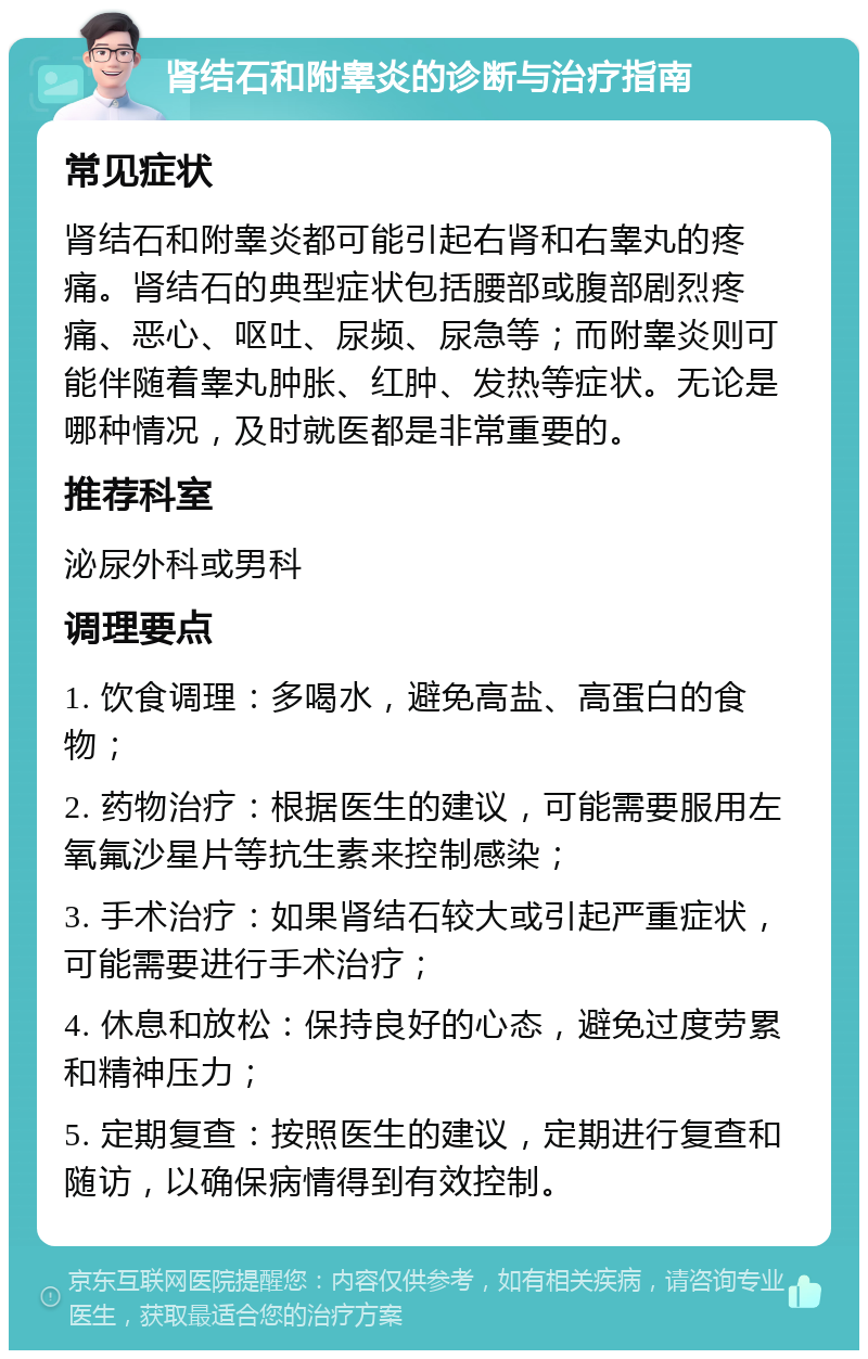 肾结石和附睾炎的诊断与治疗指南 常见症状 肾结石和附睾炎都可能引起右肾和右睾丸的疼痛。肾结石的典型症状包括腰部或腹部剧烈疼痛、恶心、呕吐、尿频、尿急等；而附睾炎则可能伴随着睾丸肿胀、红肿、发热等症状。无论是哪种情况，及时就医都是非常重要的。 推荐科室 泌尿外科或男科 调理要点 1. 饮食调理：多喝水，避免高盐、高蛋白的食物； 2. 药物治疗：根据医生的建议，可能需要服用左氧氟沙星片等抗生素来控制感染； 3. 手术治疗：如果肾结石较大或引起严重症状，可能需要进行手术治疗； 4. 休息和放松：保持良好的心态，避免过度劳累和精神压力； 5. 定期复查：按照医生的建议，定期进行复查和随访，以确保病情得到有效控制。