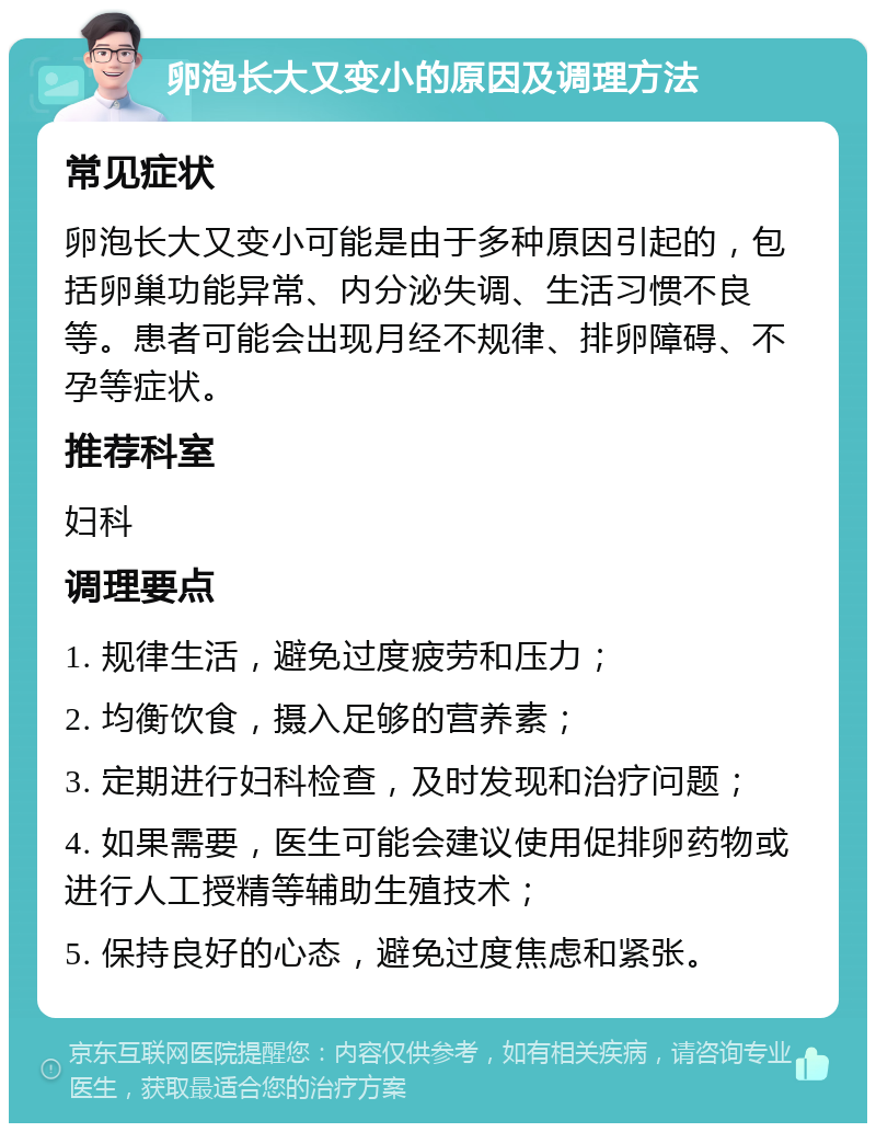 卵泡长大又变小的原因及调理方法 常见症状 卵泡长大又变小可能是由于多种原因引起的，包括卵巢功能异常、内分泌失调、生活习惯不良等。患者可能会出现月经不规律、排卵障碍、不孕等症状。 推荐科室 妇科 调理要点 1. 规律生活，避免过度疲劳和压力； 2. 均衡饮食，摄入足够的营养素； 3. 定期进行妇科检查，及时发现和治疗问题； 4. 如果需要，医生可能会建议使用促排卵药物或进行人工授精等辅助生殖技术； 5. 保持良好的心态，避免过度焦虑和紧张。