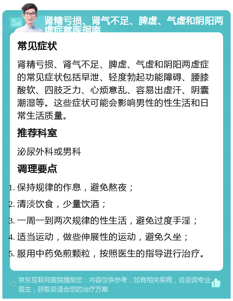 肾精亏损、肾气不足、脾虚、气虚和阴阳两虚症就医指南 常见症状 肾精亏损、肾气不足、脾虚、气虚和阴阳两虚症的常见症状包括早泄、轻度勃起功能障碍、腰膝酸软、四肢乏力、心烦意乱、容易出虚汗、阴囊潮湿等。这些症状可能会影响男性的性生活和日常生活质量。 推荐科室 泌尿外科或男科 调理要点 保持规律的作息，避免熬夜； 清淡饮食，少量饮酒； 一周一到两次规律的性生活，避免过度手淫； 适当运动，做些伸展性的运动，避免久坐； 服用中药免煎颗粒，按照医生的指导进行治疗。