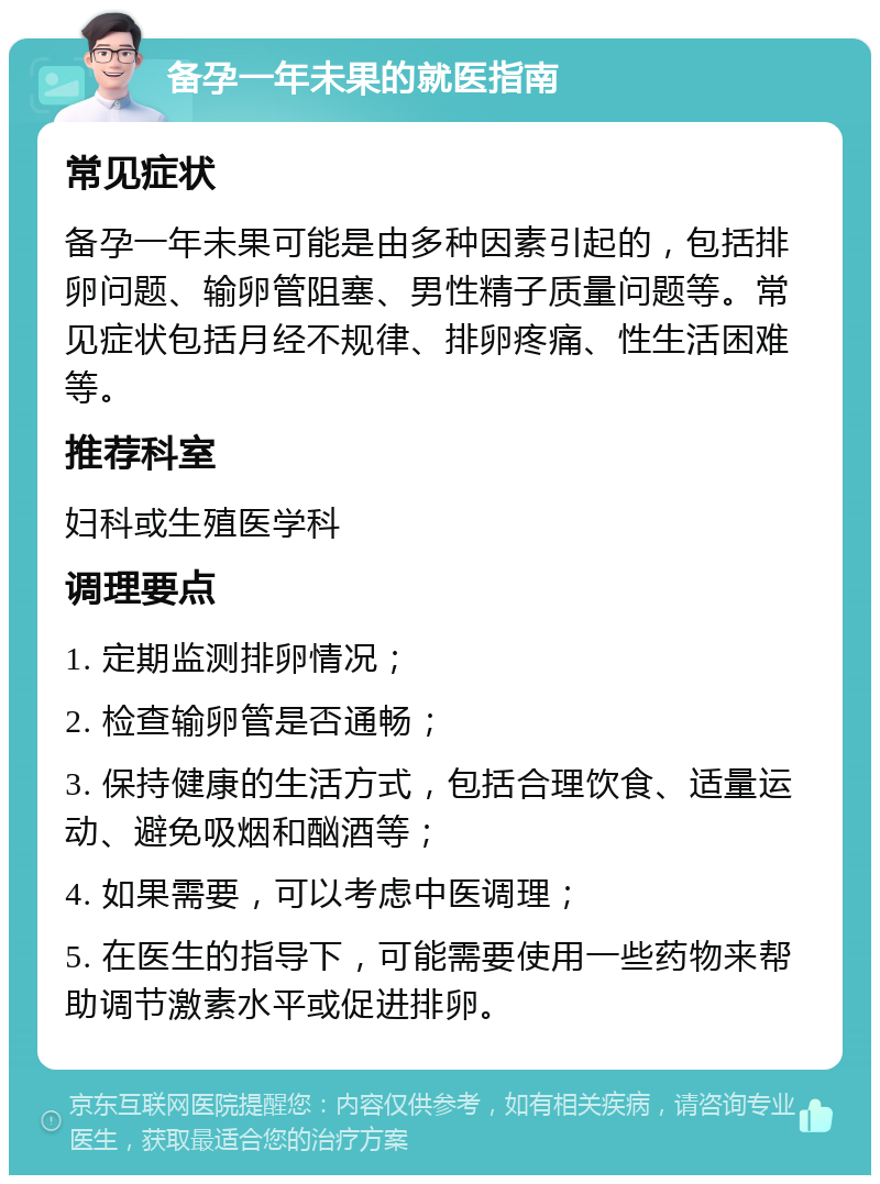 备孕一年未果的就医指南 常见症状 备孕一年未果可能是由多种因素引起的，包括排卵问题、输卵管阻塞、男性精子质量问题等。常见症状包括月经不规律、排卵疼痛、性生活困难等。 推荐科室 妇科或生殖医学科 调理要点 1. 定期监测排卵情况； 2. 检查输卵管是否通畅； 3. 保持健康的生活方式，包括合理饮食、适量运动、避免吸烟和酗酒等； 4. 如果需要，可以考虑中医调理； 5. 在医生的指导下，可能需要使用一些药物来帮助调节激素水平或促进排卵。