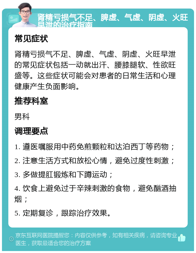 肾精亏损气不足、脾虚、气虚、阴虚、火旺早泄的治疗指南 常见症状 肾精亏损气不足、脾虚、气虚、阴虚、火旺早泄的常见症状包括一动就出汗、腰膝腿软、性欲旺盛等。这些症状可能会对患者的日常生活和心理健康产生负面影响。 推荐科室 男科 调理要点 1. 遵医嘱服用中药免煎颗粒和达泊西丁等药物； 2. 注意生活方式和放松心情，避免过度性刺激； 3. 多做提肛锻炼和下蹲运动； 4. 饮食上避免过于辛辣刺激的食物，避免酗酒抽烟； 5. 定期复诊，跟踪治疗效果。