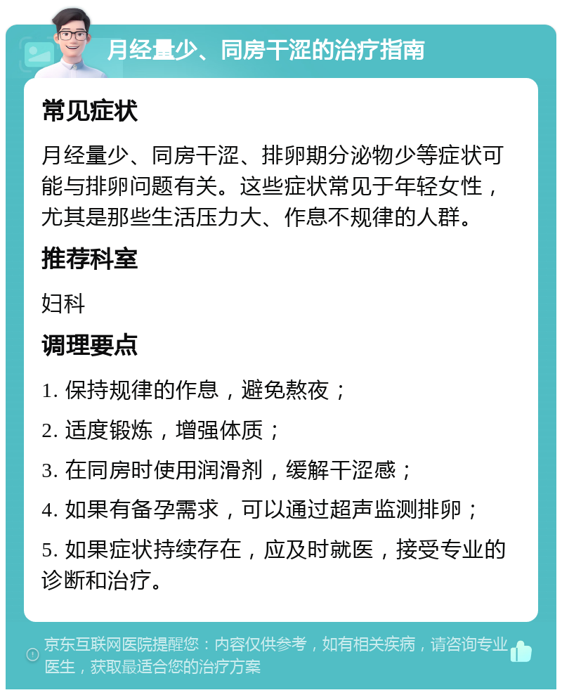 月经量少、同房干涩的治疗指南 常见症状 月经量少、同房干涩、排卵期分泌物少等症状可能与排卵问题有关。这些症状常见于年轻女性，尤其是那些生活压力大、作息不规律的人群。 推荐科室 妇科 调理要点 1. 保持规律的作息，避免熬夜； 2. 适度锻炼，增强体质； 3. 在同房时使用润滑剂，缓解干涩感； 4. 如果有备孕需求，可以通过超声监测排卵； 5. 如果症状持续存在，应及时就医，接受专业的诊断和治疗。