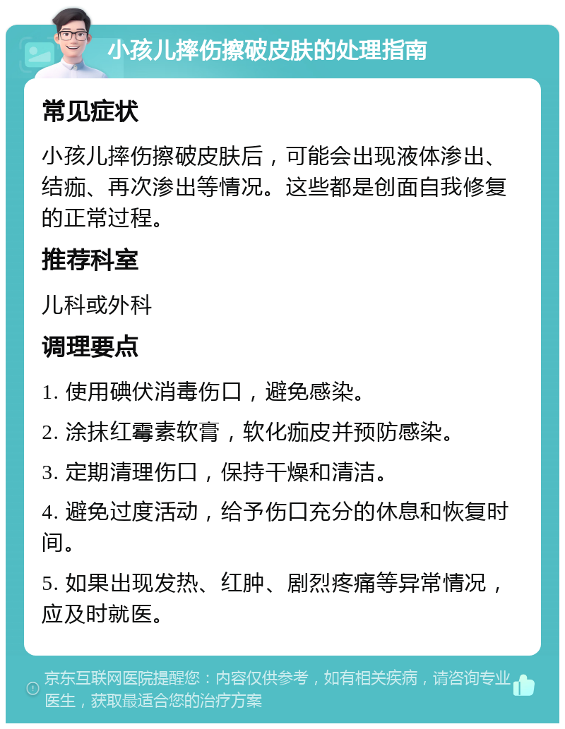 小孩儿摔伤擦破皮肤的处理指南 常见症状 小孩儿摔伤擦破皮肤后，可能会出现液体渗出、结痂、再次渗出等情况。这些都是创面自我修复的正常过程。 推荐科室 儿科或外科 调理要点 1. 使用碘伏消毒伤口，避免感染。 2. 涂抹红霉素软膏，软化痂皮并预防感染。 3. 定期清理伤口，保持干燥和清洁。 4. 避免过度活动，给予伤口充分的休息和恢复时间。 5. 如果出现发热、红肿、剧烈疼痛等异常情况，应及时就医。