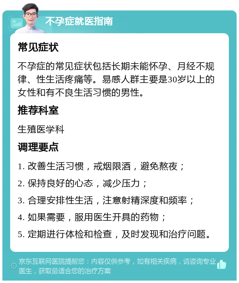 不孕症就医指南 常见症状 不孕症的常见症状包括长期未能怀孕、月经不规律、性生活疼痛等。易感人群主要是30岁以上的女性和有不良生活习惯的男性。 推荐科室 生殖医学科 调理要点 1. 改善生活习惯，戒烟限酒，避免熬夜； 2. 保持良好的心态，减少压力； 3. 合理安排性生活，注意射精深度和频率； 4. 如果需要，服用医生开具的药物； 5. 定期进行体检和检查，及时发现和治疗问题。