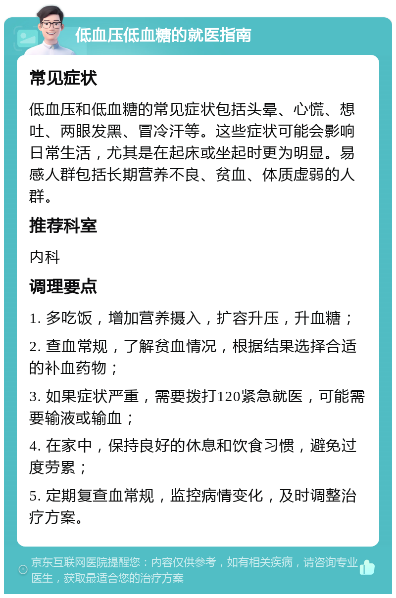 低血压低血糖的就医指南 常见症状 低血压和低血糖的常见症状包括头晕、心慌、想吐、两眼发黑、冒冷汗等。这些症状可能会影响日常生活，尤其是在起床或坐起时更为明显。易感人群包括长期营养不良、贫血、体质虚弱的人群。 推荐科室 内科 调理要点 1. 多吃饭，增加营养摄入，扩容升压，升血糖； 2. 查血常规，了解贫血情况，根据结果选择合适的补血药物； 3. 如果症状严重，需要拨打120紧急就医，可能需要输液或输血； 4. 在家中，保持良好的休息和饮食习惯，避免过度劳累； 5. 定期复查血常规，监控病情变化，及时调整治疗方案。