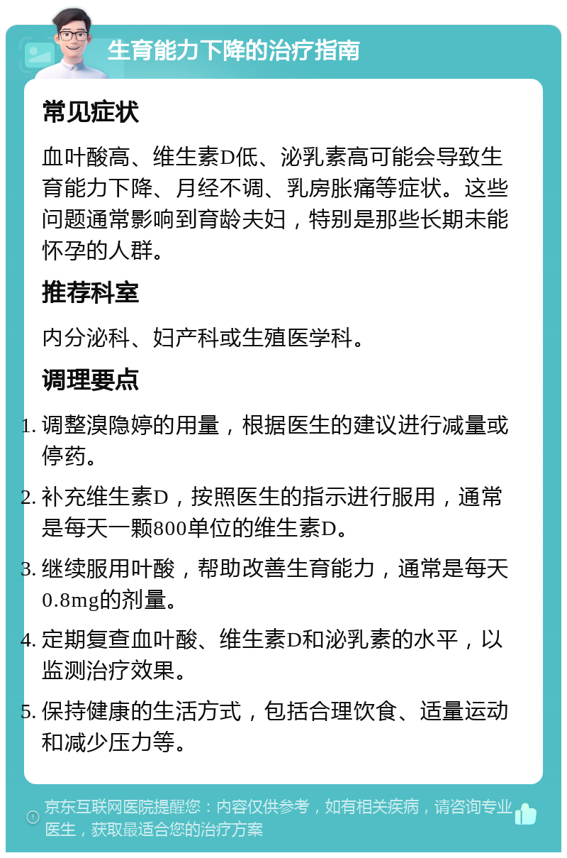 生育能力下降的治疗指南 常见症状 血叶酸高、维生素D低、泌乳素高可能会导致生育能力下降、月经不调、乳房胀痛等症状。这些问题通常影响到育龄夫妇，特别是那些长期未能怀孕的人群。 推荐科室 内分泌科、妇产科或生殖医学科。 调理要点 调整溴隐婷的用量，根据医生的建议进行减量或停药。 补充维生素D，按照医生的指示进行服用，通常是每天一颗800单位的维生素D。 继续服用叶酸，帮助改善生育能力，通常是每天0.8mg的剂量。 定期复查血叶酸、维生素D和泌乳素的水平，以监测治疗效果。 保持健康的生活方式，包括合理饮食、适量运动和减少压力等。