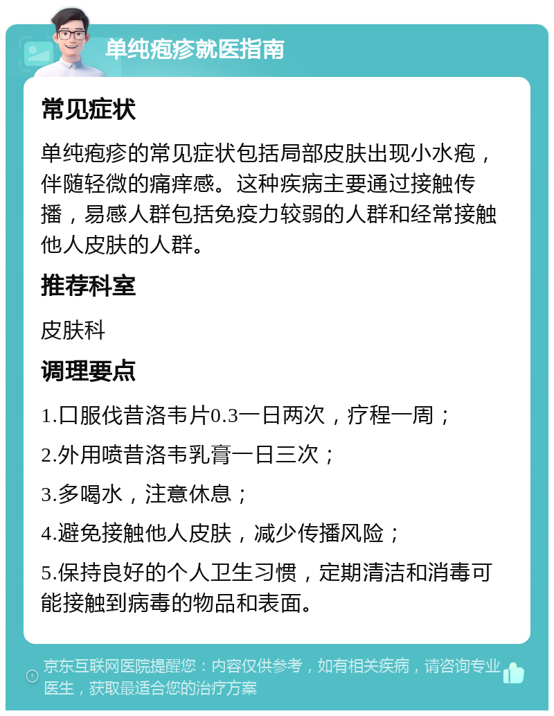 单纯疱疹就医指南 常见症状 单纯疱疹的常见症状包括局部皮肤出现小水疱，伴随轻微的痛痒感。这种疾病主要通过接触传播，易感人群包括免疫力较弱的人群和经常接触他人皮肤的人群。 推荐科室 皮肤科 调理要点 1.口服伐昔洛韦片0.3一日两次，疗程一周； 2.外用喷昔洛韦乳膏一日三次； 3.多喝水，注意休息； 4.避免接触他人皮肤，减少传播风险； 5.保持良好的个人卫生习惯，定期清洁和消毒可能接触到病毒的物品和表面。