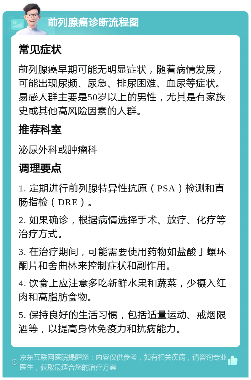 前列腺癌诊断流程图 常见症状 前列腺癌早期可能无明显症状，随着病情发展，可能出现尿频、尿急、排尿困难、血尿等症状。易感人群主要是50岁以上的男性，尤其是有家族史或其他高风险因素的人群。 推荐科室 泌尿外科或肿瘤科 调理要点 1. 定期进行前列腺特异性抗原（PSA）检测和直肠指检（DRE）。 2. 如果确诊，根据病情选择手术、放疗、化疗等治疗方式。 3. 在治疗期间，可能需要使用药物如盐酸丁螺环酮片和舍曲林来控制症状和副作用。 4. 饮食上应注意多吃新鲜水果和蔬菜，少摄入红肉和高脂肪食物。 5. 保持良好的生活习惯，包括适量运动、戒烟限酒等，以提高身体免疫力和抗病能力。