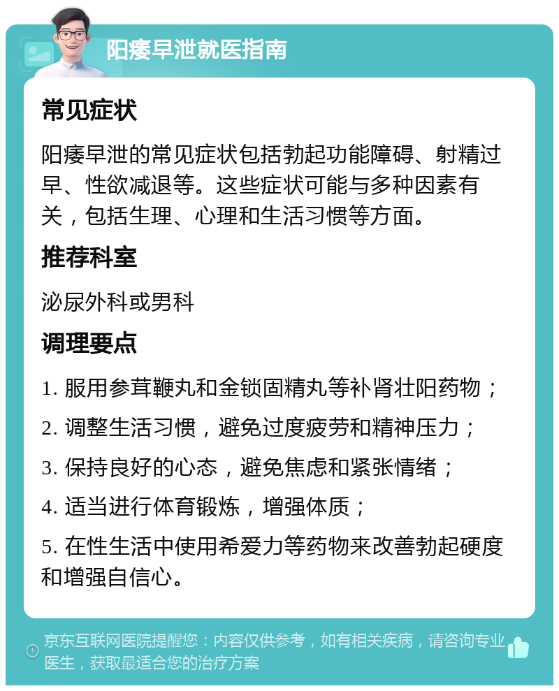 阳痿早泄就医指南 常见症状 阳痿早泄的常见症状包括勃起功能障碍、射精过早、性欲减退等。这些症状可能与多种因素有关，包括生理、心理和生活习惯等方面。 推荐科室 泌尿外科或男科 调理要点 1. 服用参茸鞭丸和金锁固精丸等补肾壮阳药物； 2. 调整生活习惯，避免过度疲劳和精神压力； 3. 保持良好的心态，避免焦虑和紧张情绪； 4. 适当进行体育锻炼，增强体质； 5. 在性生活中使用希爱力等药物来改善勃起硬度和增强自信心。