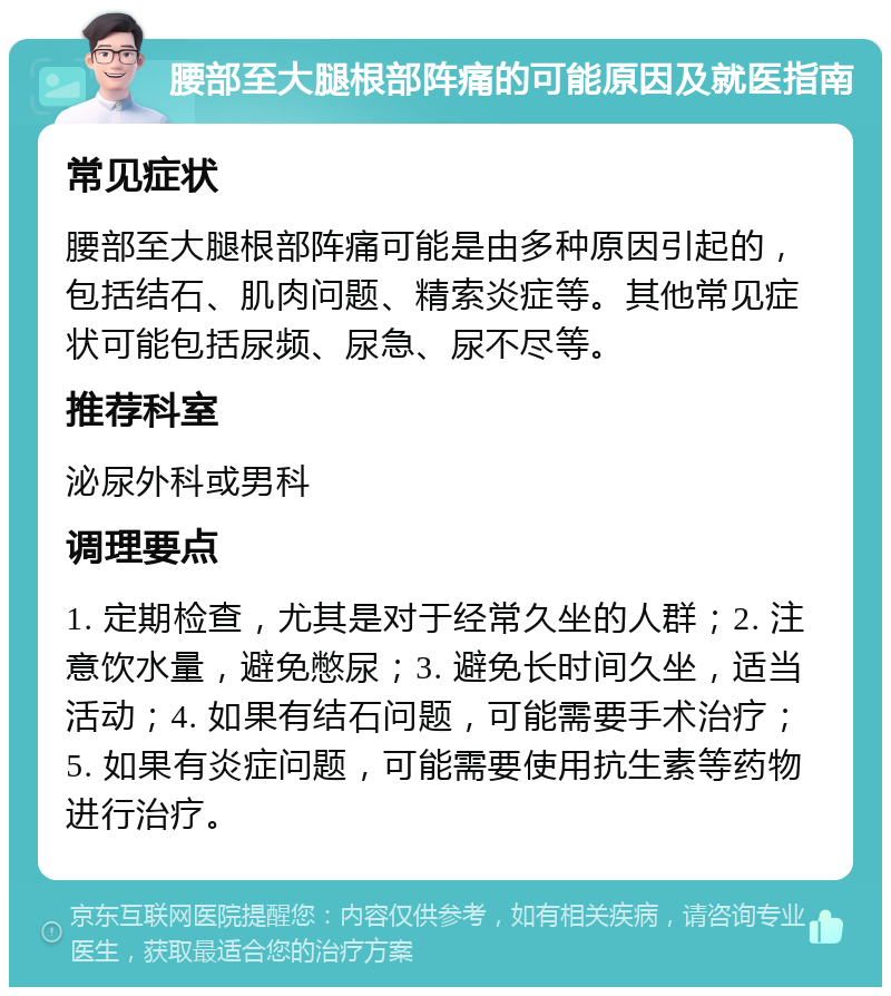 腰部至大腿根部阵痛的可能原因及就医指南 常见症状 腰部至大腿根部阵痛可能是由多种原因引起的，包括结石、肌肉问题、精索炎症等。其他常见症状可能包括尿频、尿急、尿不尽等。 推荐科室 泌尿外科或男科 调理要点 1. 定期检查，尤其是对于经常久坐的人群；2. 注意饮水量，避免憋尿；3. 避免长时间久坐，适当活动；4. 如果有结石问题，可能需要手术治疗；5. 如果有炎症问题，可能需要使用抗生素等药物进行治疗。