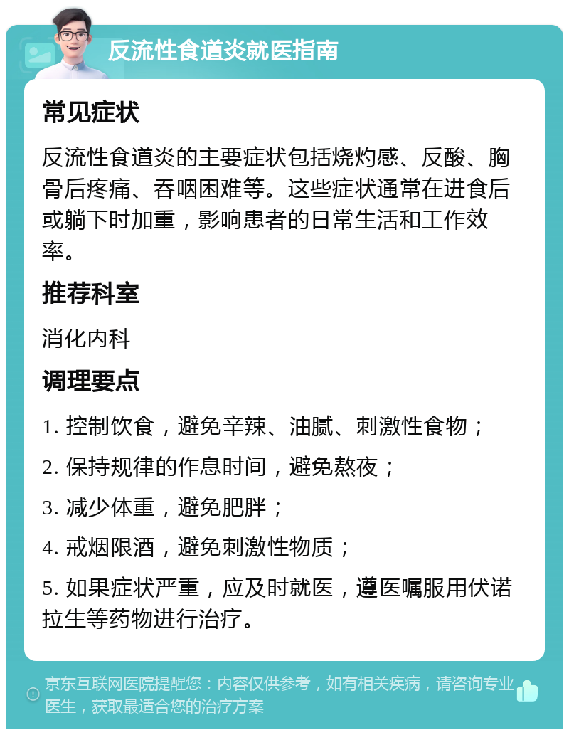 反流性食道炎就医指南 常见症状 反流性食道炎的主要症状包括烧灼感、反酸、胸骨后疼痛、吞咽困难等。这些症状通常在进食后或躺下时加重，影响患者的日常生活和工作效率。 推荐科室 消化内科 调理要点 1. 控制饮食，避免辛辣、油腻、刺激性食物； 2. 保持规律的作息时间，避免熬夜； 3. 减少体重，避免肥胖； 4. 戒烟限酒，避免刺激性物质； 5. 如果症状严重，应及时就医，遵医嘱服用伏诺拉生等药物进行治疗。