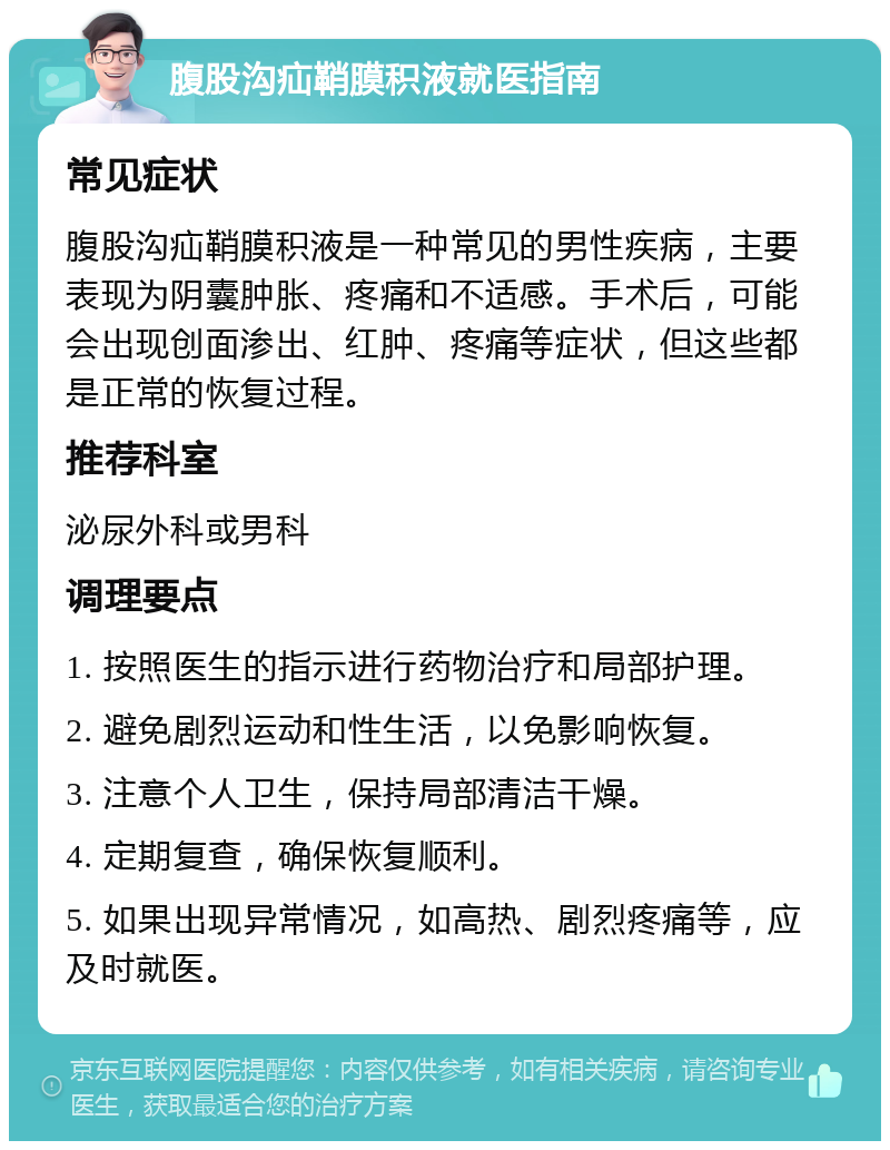 腹股沟疝鞘膜积液就医指南 常见症状 腹股沟疝鞘膜积液是一种常见的男性疾病，主要表现为阴囊肿胀、疼痛和不适感。手术后，可能会出现创面渗出、红肿、疼痛等症状，但这些都是正常的恢复过程。 推荐科室 泌尿外科或男科 调理要点 1. 按照医生的指示进行药物治疗和局部护理。 2. 避免剧烈运动和性生活，以免影响恢复。 3. 注意个人卫生，保持局部清洁干燥。 4. 定期复查，确保恢复顺利。 5. 如果出现异常情况，如高热、剧烈疼痛等，应及时就医。