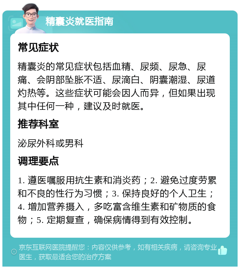 精囊炎就医指南 常见症状 精囊炎的常见症状包括血精、尿频、尿急、尿痛、会阴部坠胀不适、尿滴白、阴囊潮湿、尿道灼热等。这些症状可能会因人而异，但如果出现其中任何一种，建议及时就医。 推荐科室 泌尿外科或男科 调理要点 1. 遵医嘱服用抗生素和消炎药；2. 避免过度劳累和不良的性行为习惯；3. 保持良好的个人卫生；4. 增加营养摄入，多吃富含维生素和矿物质的食物；5. 定期复查，确保病情得到有效控制。