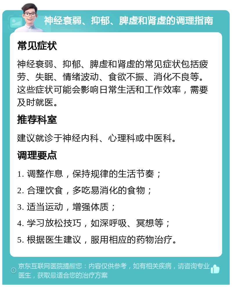 神经衰弱、抑郁、脾虚和肾虚的调理指南 常见症状 神经衰弱、抑郁、脾虚和肾虚的常见症状包括疲劳、失眠、情绪波动、食欲不振、消化不良等。这些症状可能会影响日常生活和工作效率，需要及时就医。 推荐科室 建议就诊于神经内科、心理科或中医科。 调理要点 1. 调整作息，保持规律的生活节奏； 2. 合理饮食，多吃易消化的食物； 3. 适当运动，增强体质； 4. 学习放松技巧，如深呼吸、冥想等； 5. 根据医生建议，服用相应的药物治疗。