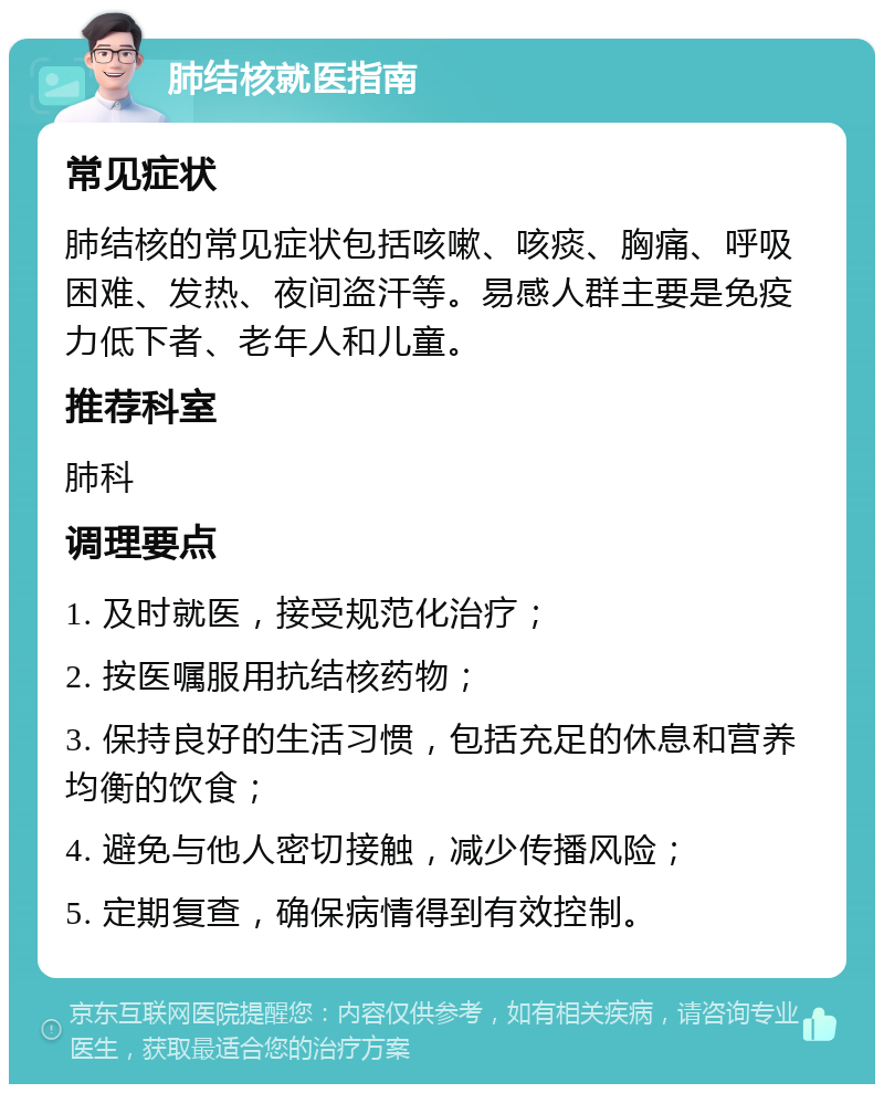 肺结核就医指南 常见症状 肺结核的常见症状包括咳嗽、咳痰、胸痛、呼吸困难、发热、夜间盗汗等。易感人群主要是免疫力低下者、老年人和儿童。 推荐科室 肺科 调理要点 1. 及时就医，接受规范化治疗； 2. 按医嘱服用抗结核药物； 3. 保持良好的生活习惯，包括充足的休息和营养均衡的饮食； 4. 避免与他人密切接触，减少传播风险； 5. 定期复查，确保病情得到有效控制。