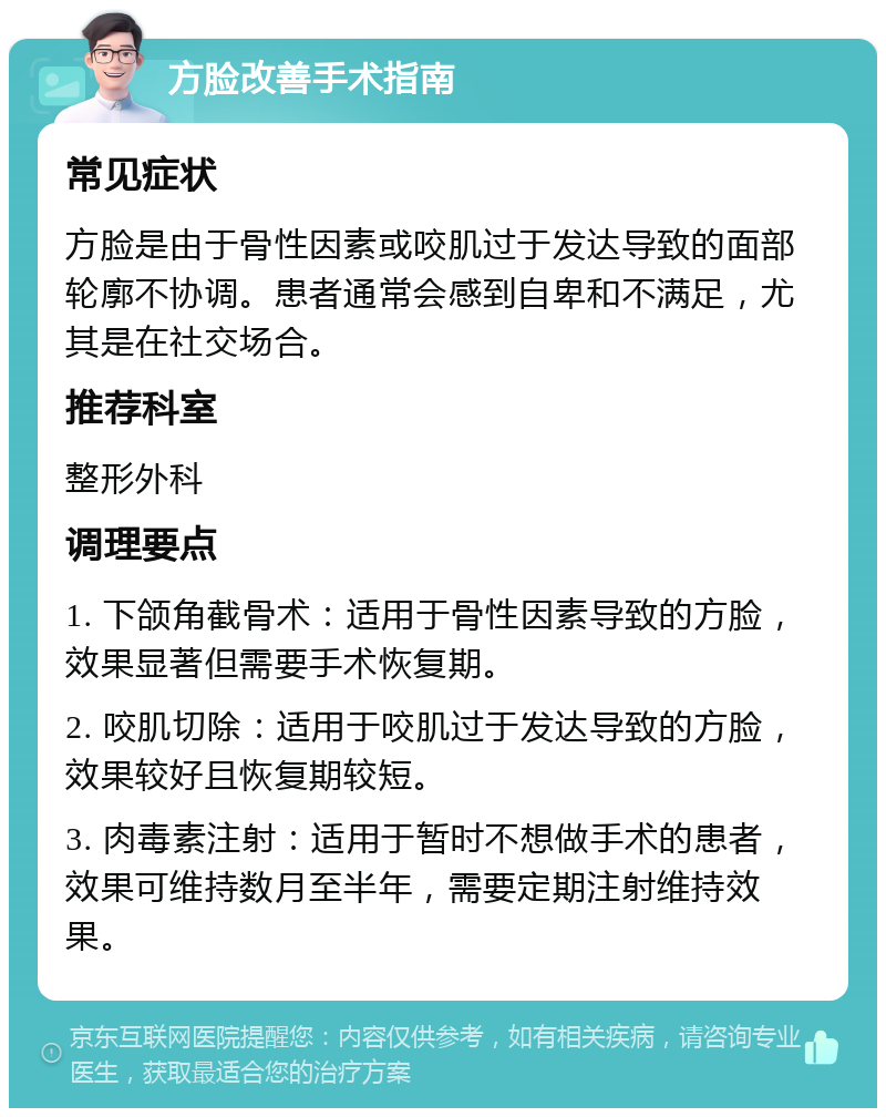 方脸改善手术指南 常见症状 方脸是由于骨性因素或咬肌过于发达导致的面部轮廓不协调。患者通常会感到自卑和不满足，尤其是在社交场合。 推荐科室 整形外科 调理要点 1. 下颌角截骨术：适用于骨性因素导致的方脸，效果显著但需要手术恢复期。 2. 咬肌切除：适用于咬肌过于发达导致的方脸，效果较好且恢复期较短。 3. 肉毒素注射：适用于暂时不想做手术的患者，效果可维持数月至半年，需要定期注射维持效果。