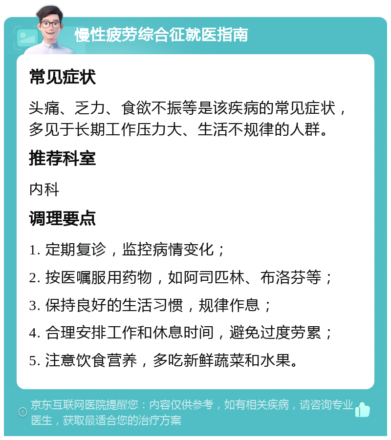 慢性疲劳综合征就医指南 常见症状 头痛、乏力、食欲不振等是该疾病的常见症状，多见于长期工作压力大、生活不规律的人群。 推荐科室 内科 调理要点 1. 定期复诊，监控病情变化； 2. 按医嘱服用药物，如阿司匹林、布洛芬等； 3. 保持良好的生活习惯，规律作息； 4. 合理安排工作和休息时间，避免过度劳累； 5. 注意饮食营养，多吃新鲜蔬菜和水果。